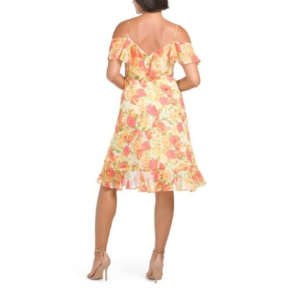 London Times Yellow Floral Cold Shoulder Chiffon Wrap Style Dress Sz 10 New - Picture 2 of 10